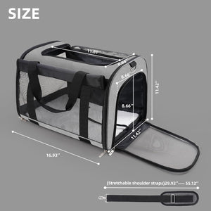 Gray pet carrier with dimensions indicated on a gray background at Pet Servo