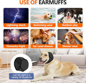 Dog wearing an earmuff with scenarios showing when it is used, including lightning shock, swimming, outdoor play, fireworks, ear canal disease, and shower wear at Pet Servo