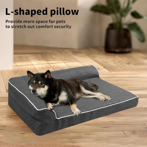 Dog lying on an L-shaped pillow with text about pet comfort at Pet Servo