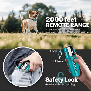 Dog training remote control with a dog in the background, emphasizing remote range and safety features at Pet Servo
