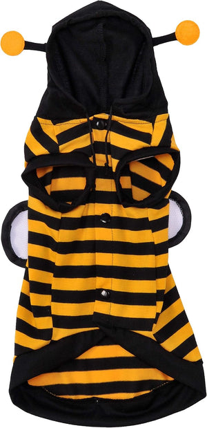 A pet bumblebee costume with a black and yellow striped body, a black hood with antennae, and white wing details on the sides at Pet Servo