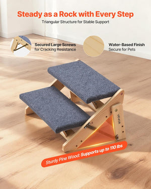 Wooden pet step with blue cushion on a wooden floor, featuring text about stability and durability at Pet Servo