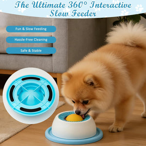 Dog using a 360-degree interactive slow feeder with text highlighting features at Pet Servo