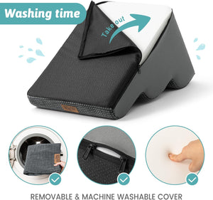 Black wedge-shaped product with a removable cover, shown with washing instructions on a white background at Pet Servo