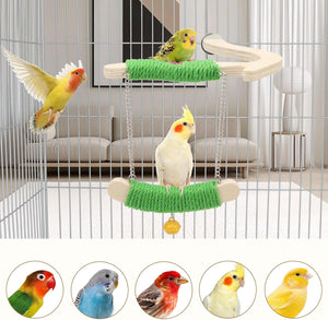 Birds on a green perch inside a birdcage with additional bird illustrations below at Pet Servo