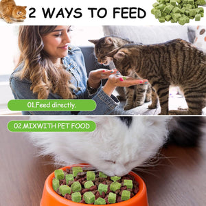 Two ways to feed cats with text overlay and images of a woman feeding directly and mixing with pet food at Pet Servo