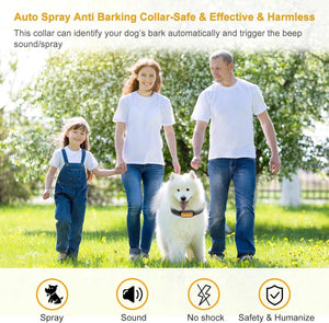 Family walking a dog with an auto spray anti-barking collar in a park at Pet Servo