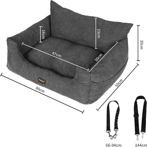 Gray pet bed with dimensions and a leash on a white background at Pet Servo
