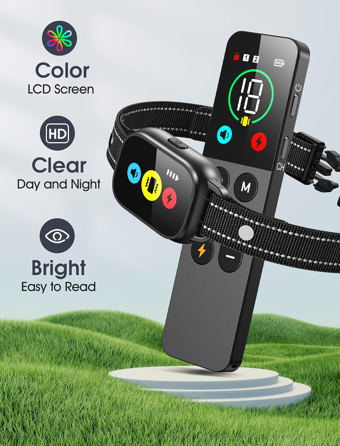 Pet remote training collar with color LCD screen on a grassy background
