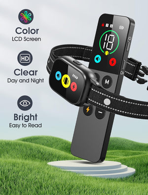 Pet remote training collar with color LCD screen on a grassy background