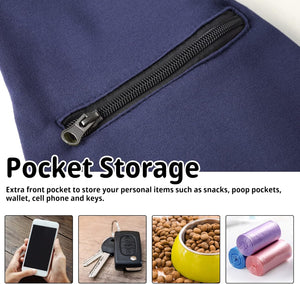 Navy blue bag with a black zipper, featuring text about pocket storage at Pet Servo