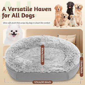 A fluffy oval dog bed with a gray base and light gray shaggy plush top, shown with dimension labels (89cm/35inch, 121cm/47.6inch, 23cm/9inch) and text reading 'A Versatile Haven for All Dogs.