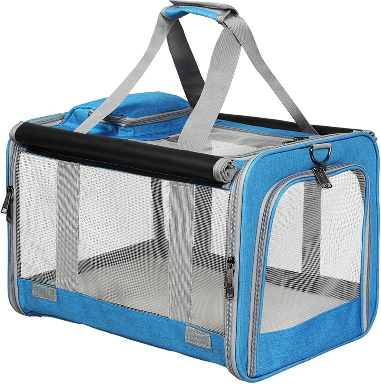A blue and gray pet carrier bag with mesh windows, dual top handles, and a black padded top trim, shown on a plain white background at Pet Servo