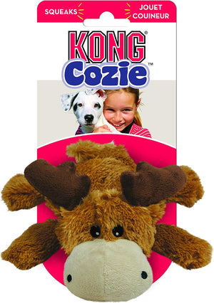 Kong Cozie moose-shaped toy packaging with a girl and dog on a white background at Pet Servo