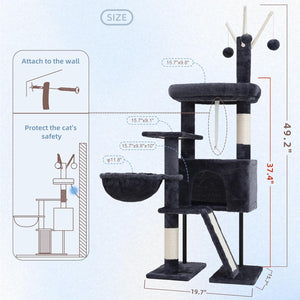 Cat tree with dimensions and installation instructions on a light blue background at Pet Servo