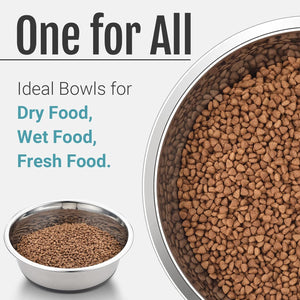 Stainless steel bowl with dry pet food and text 'One for All Ideal Bowls for Dry Food, Wet Food, Fresh Food' at Pet Servo