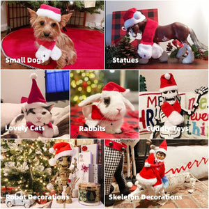 Collage of small dogs, statues, cats, rabbits, cuddly toys, robot decorations, and skeleton decorations wearing Santa hats at Pet Servo
