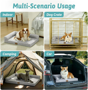 A 2x2 collage showing a gray pet bed with a dog in four usage scenarios: Indoor, Dog Crate, Camping, and Car. The top header reads 'Multi-Scenario Usage at Pet Servo