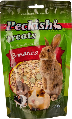 Peckish treats packaging for small animals with images of a rabbit, guinea pig, and hamster on a green background at Pet Servo