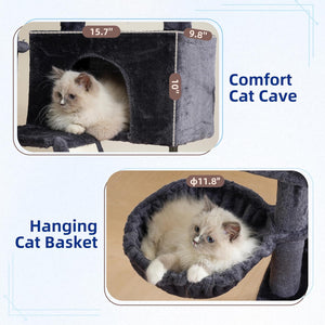 Two cat products: a comfort cat cave and a hanging cat basket, with measurements and text labels at Pet Servo