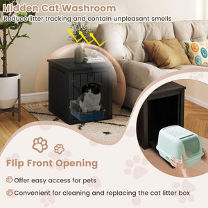 Cat litter box with flip front opening in a living room setting at Pet Servo