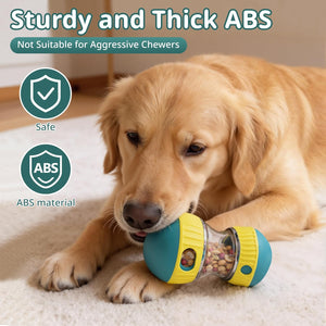 Dog playing with a teal and yellow dog toy on a carpeted floor at Pet Servo