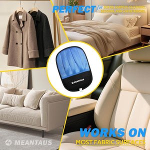Multifunctional cleaning device for fabrics with images of a coat, bed, sofa, and car interior at Pet Servo
