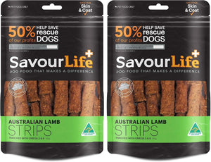 Two packages of SavourLife Australian Lamb Strips dog food on a white background at Pet Servo