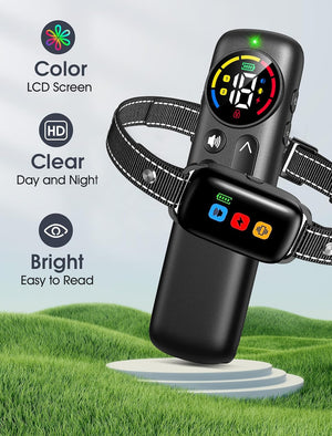 Dog training collar with color LCD screen on a grassy background at Pet Servo