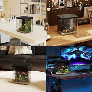 Collage of a small fish tank in various settings including a desk, living room, and gaming setup at Pet Servo