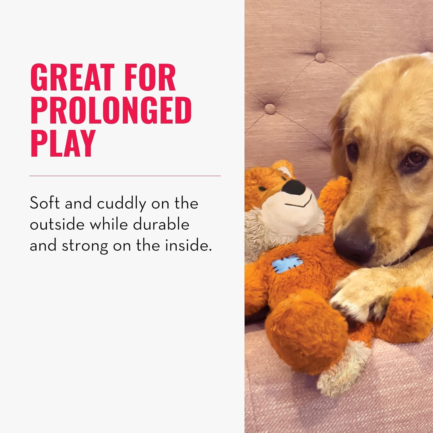 Dog playing with a teddy bear, text about prolonged play, soft and cuddly on the outside, durable on the inside at Pet Servo