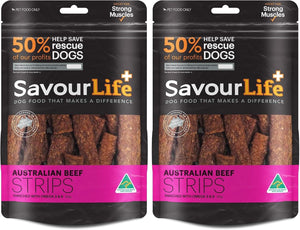 Two packages of SavourLife Australian Beef Strips dog food on a white background at Pet Servo