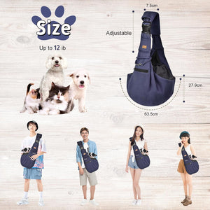 Pet sling carrier with size chart and usage examples on a wooden background at Pet Servo