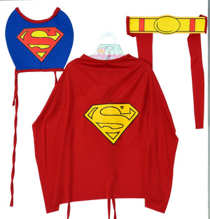 Superman costume set with cape, mask, and belt on a white background at Pet Servo