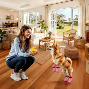 Woman playing with a dog and rubber duck in a living room at Pet Servo