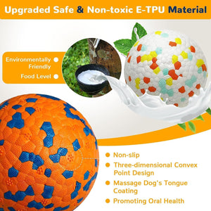 Two dog toys, one orange and blue, the other multicolored, with text about material and benefits at Pet Servo