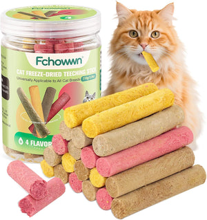 Fchowwn cat freeze-dried teething sticks with a cat eating one, on a white background at Pet Servo