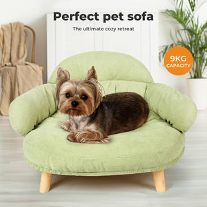 Green pet sofa with a dog on it, labeled as 'Perfect pet sofa' and 'The ultimate cozy retreat' at Pet Servo