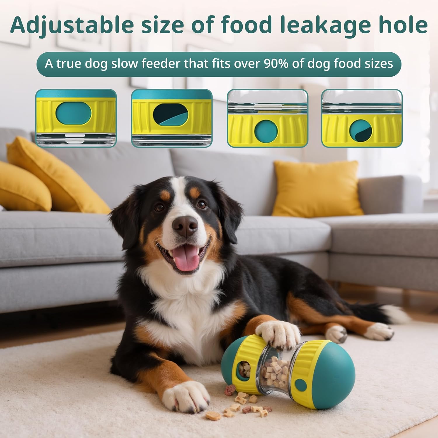 Dog playing with a slow feeder toy in a living room setting at Pet Servo