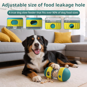 Dog playing with a slow feeder toy in a living room setting at Pet Servo