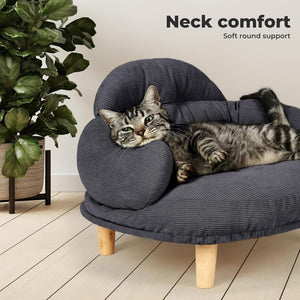 Cat lying on a small blue cushioned chair with 'Neck comfort' text above at Pet Servo