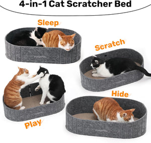 4-in-1 cat scratcher bed with cats using it for sleep, scratch, hide, and play on a white background at Pet Servo