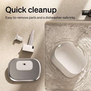 Cleaning device with parts and text about quick cleanup and dishwasher-safe tray.
