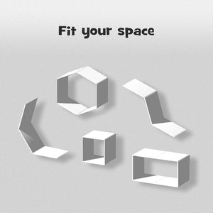 White modular 3D wall panels and geometric shapes arranged on a light gray background with the text 'Fit your space' at the top at Pet Servo