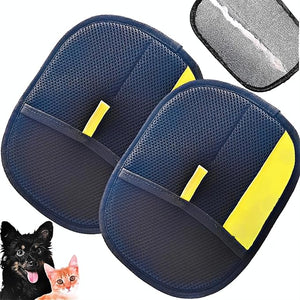Two blue pet seat covers with yellow accents and a close-up of one cover, with two pets at the bottom at Pet Servo
