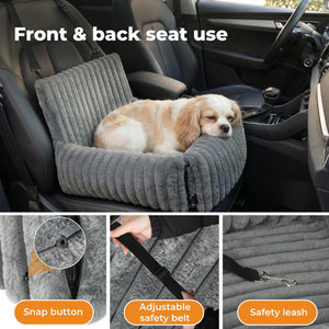 Dog using a gray car seat cover with features highlighted in the image at Pet Servo