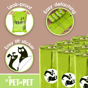 Green pet waste bags with 'PET N PET' branding, showing features like leak-proof design and easy detachment.