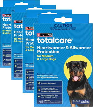 Multiple packages of Purina Totalcare heartworm and allwormer protection for medium and large dogs on a white background at Pet Servo