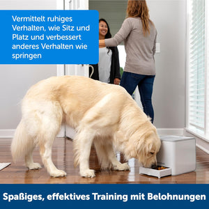 Dog eating from a bowl with two people in the background, text overlay in German at Pet Servo