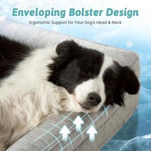 Dog resting on a bolster pillow with text about ergonomic support at Pet Servo